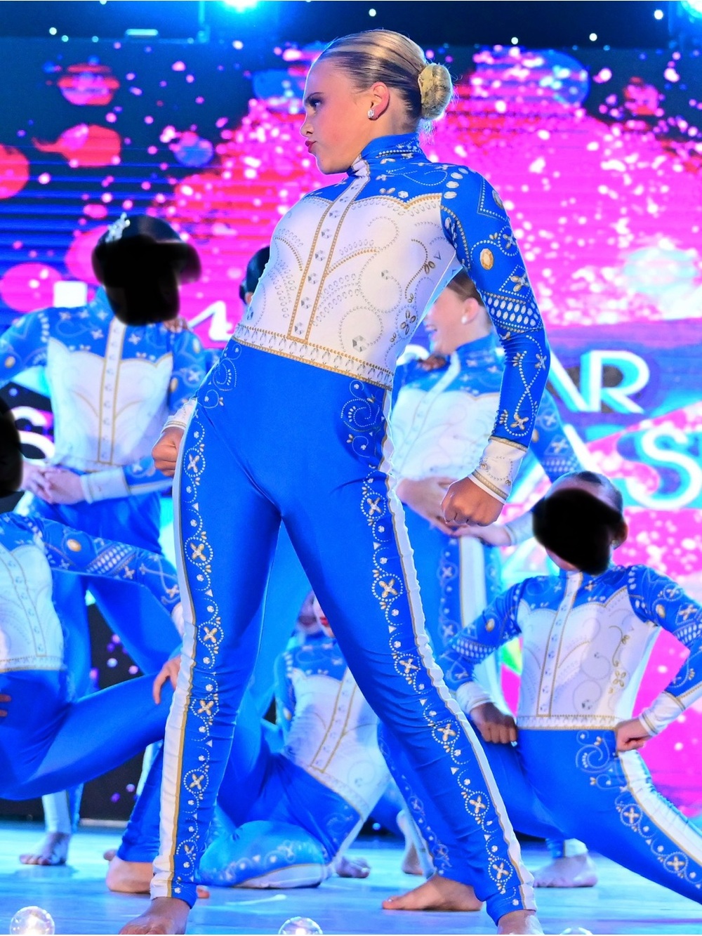 Blue & White Sparkle Dance Unitard with Gold Accents - Adult Small Acro Costume